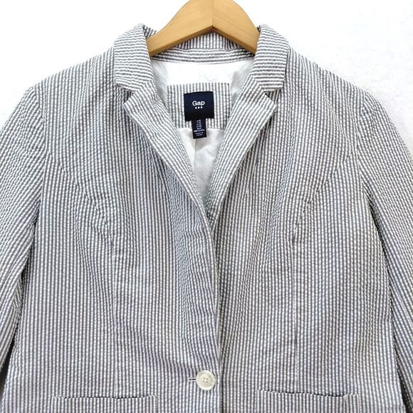 Gap Blazer Women Size 8 Gray White Seersucker Pin Stripe Nautical Preppy Classic - Picture 2 of 13